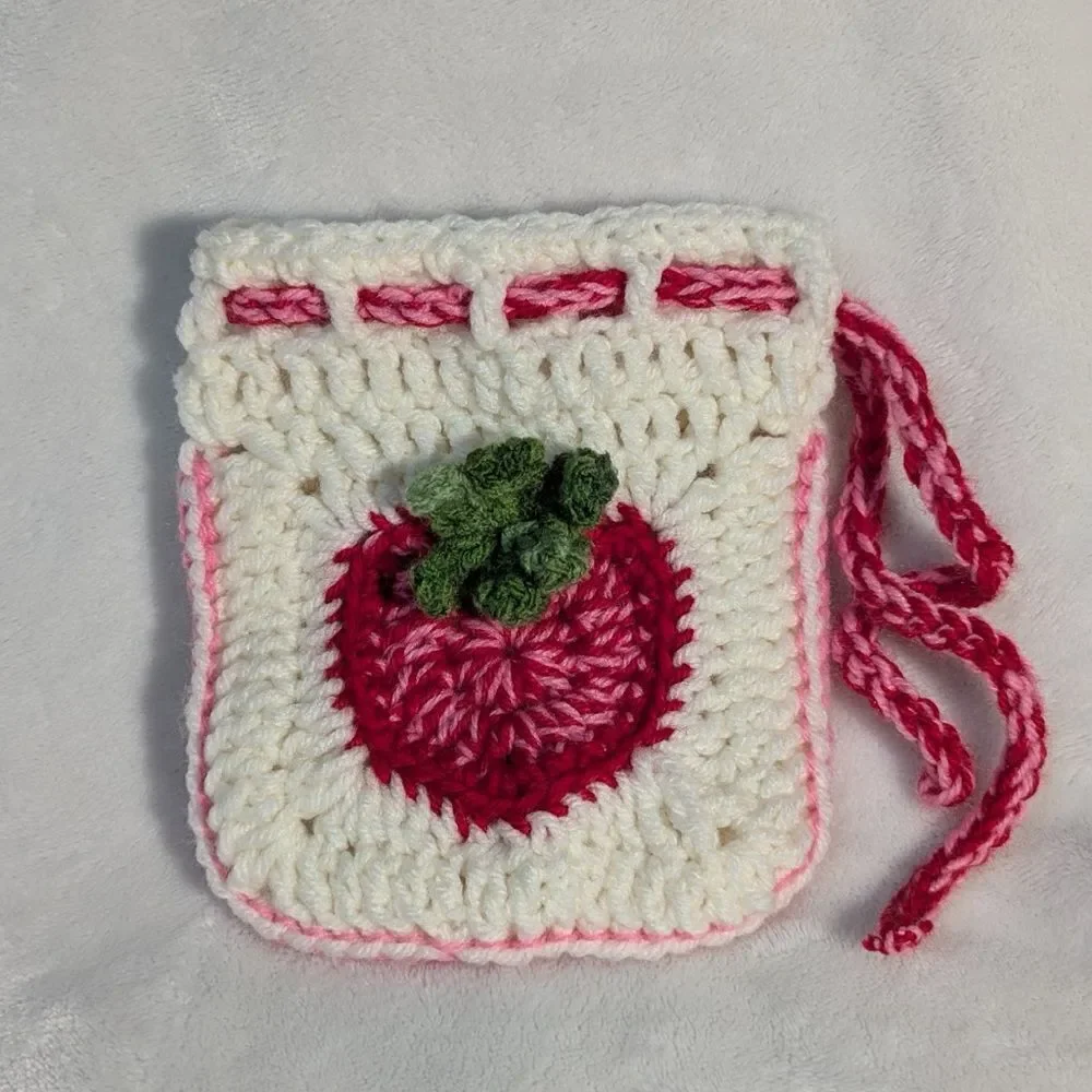 Handmade Crochet Heart Strawberry White Pink Red Green String Pouch Wristlet Bag
